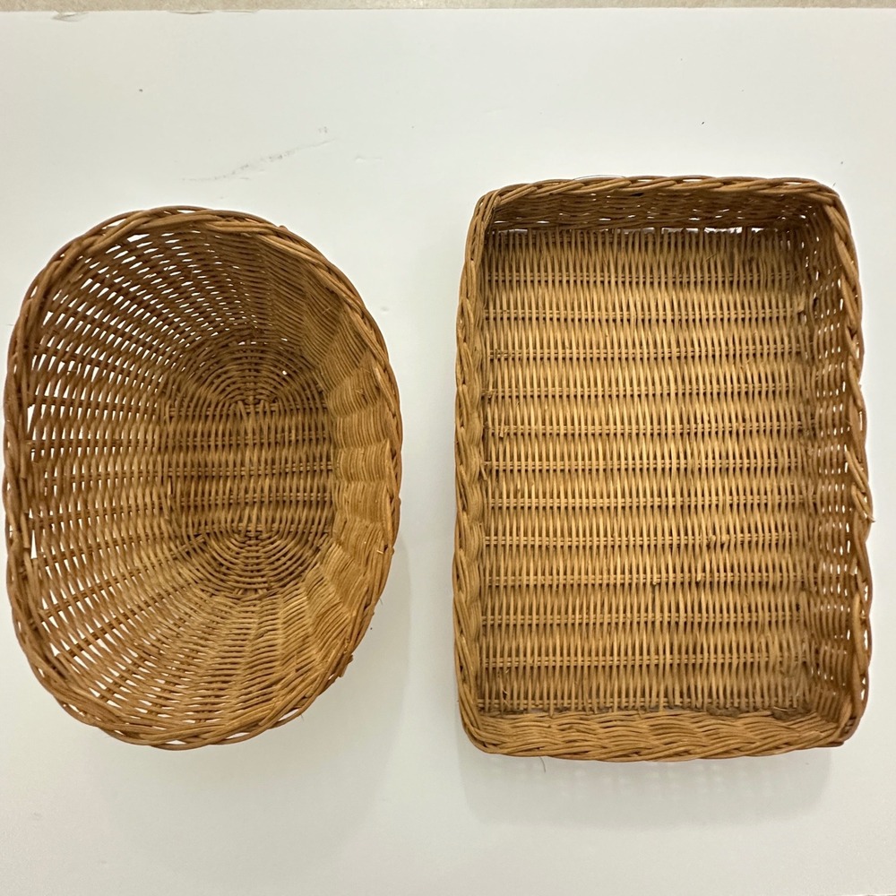 VTG Woven Wicker Rattan Basket Set 2pc Oval Rectangle Brown Farmhouse Cottage